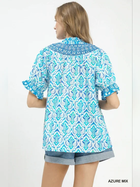 Umgee Mix Boho Puff Sleeve Smocked Top - Picture 4 of 9